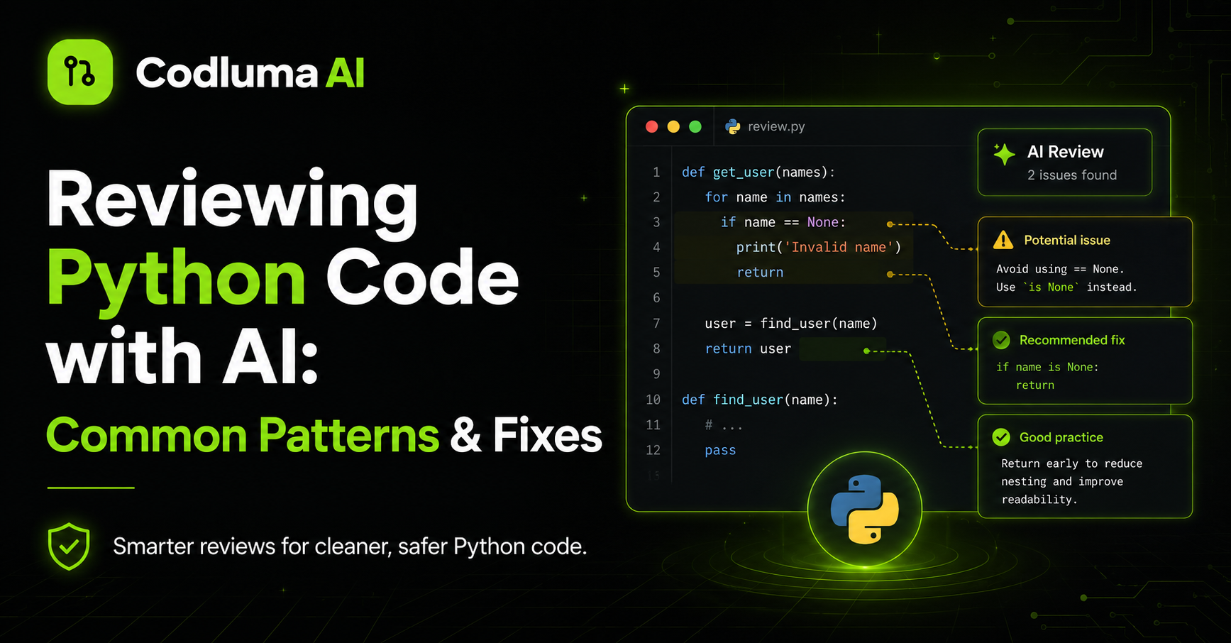 Reviewing Python Code with AI: Common Patterns & Fixes — Codluma blog cover illustration
